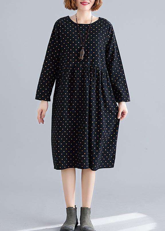 Handmade O Neck Cinched Cotton Spring Tunics Pattern Black Dotted Dress