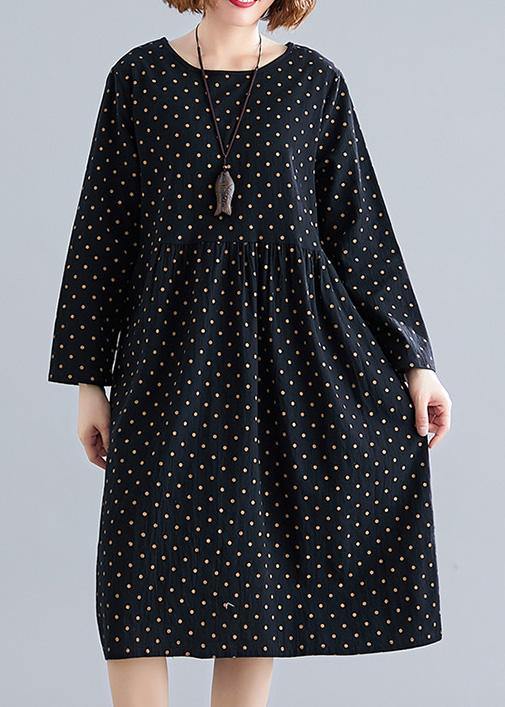 Handmade O Neck Cinched Cotton Spring Tunics Pattern Black Dotted Dress