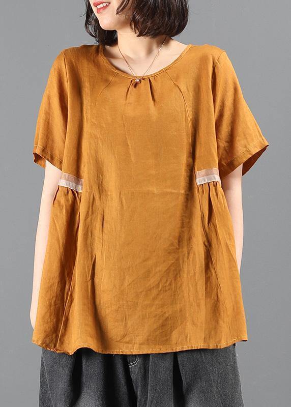 Handmade O Neck Cinched Shirts Yellow Blouse