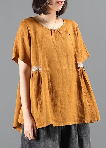Handmade O Neck Cinched Shirts Yellow Blouse