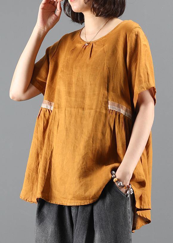 Handmade O Neck Cinched Shirts Yellow Blouse