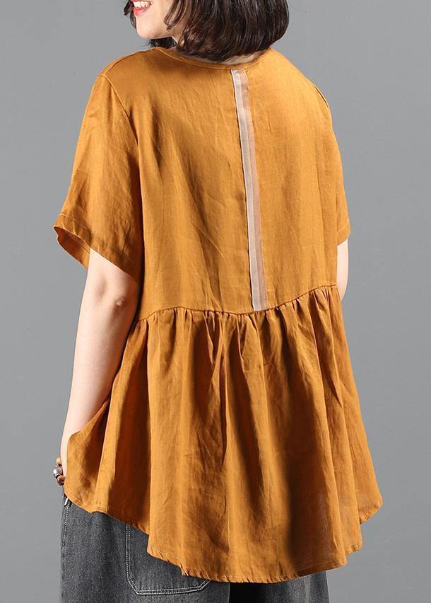 Handmade O Neck Cinched Shirts Yellow Blouse