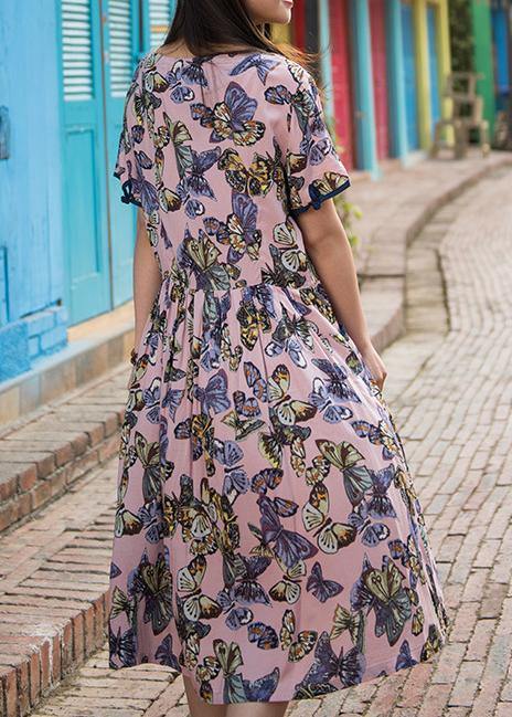 Handmade O Neck Cinched Cotton Dresses Sleeve Pink Print Dress Summer