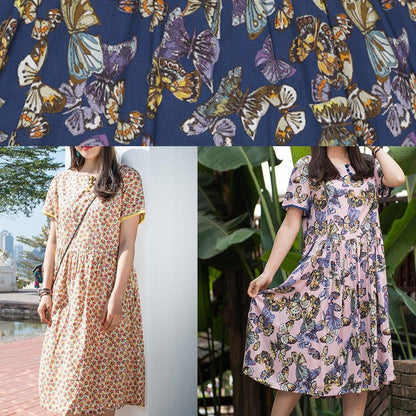 Handmade O Neck Cinched Cotton Dresses Sleeve Pink Print Dress Summer