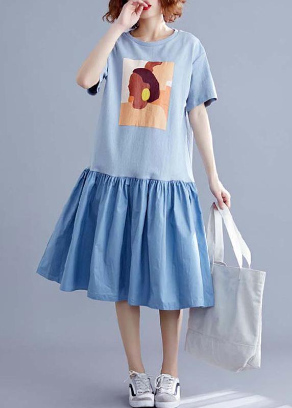 Handmade O Neck Cinched Linen Cotton Blue Print Dresses Summer