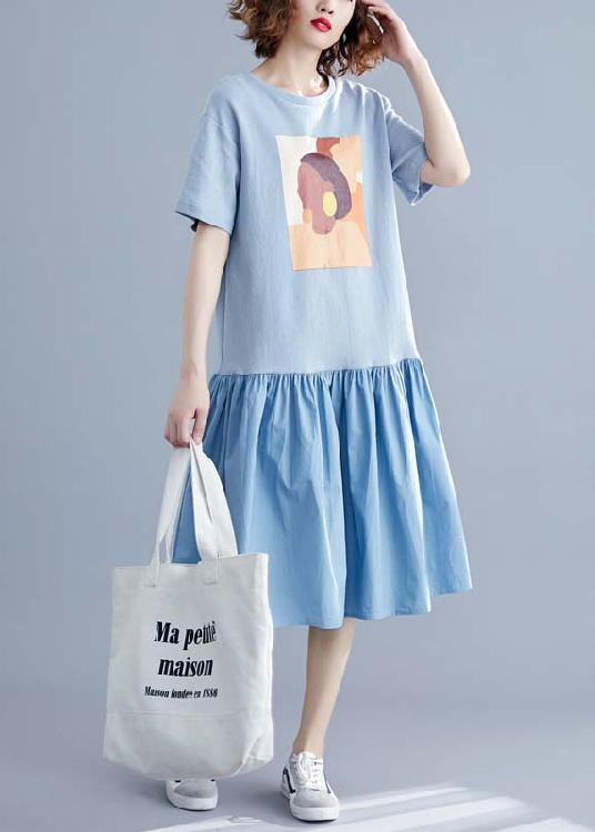 Handmade O Neck Cinched Linen Cotton Blue Print Dresses Summer