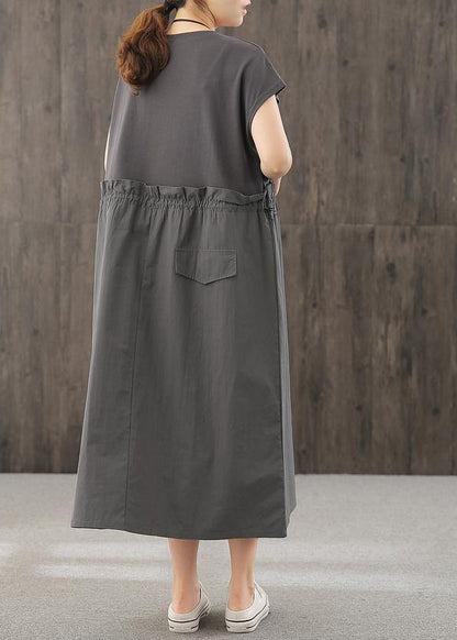Handmade O Neck Cinched Quilting Clothes Inspiration Dark Gray Maxi Dress