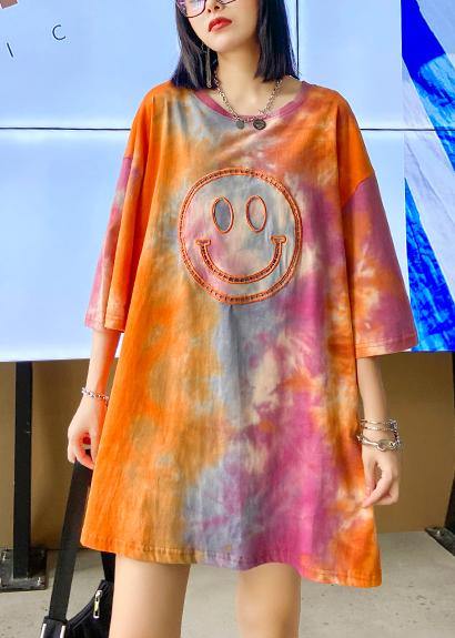 Handmade Orange Tie Dye Dresses Oversize O Neck Half Sleeve Baggy Dresses