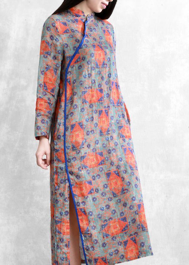 Handmade Orange Print Linen Clothes for Stand Collar Side Open Cotton Dresses