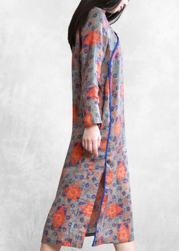 Handmade Orange Print Linen Clothes for Stand Collar Side Open Cotton Dresses