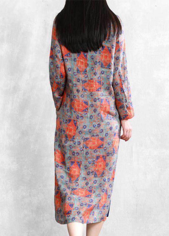 Handmade Orange Print Linen Clothes for Stand Collar Side Open Cotton Dresses