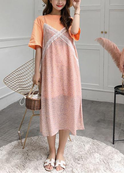 Handmade Orange Prints Chiffon Tunics Two Pieces Loose Summer Dress