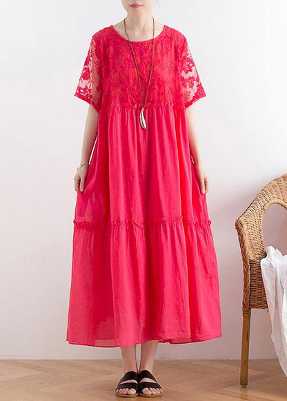 Handmade Organza Patchwork Cotton O Neck Summer Catwalk Red Kaftan Dress