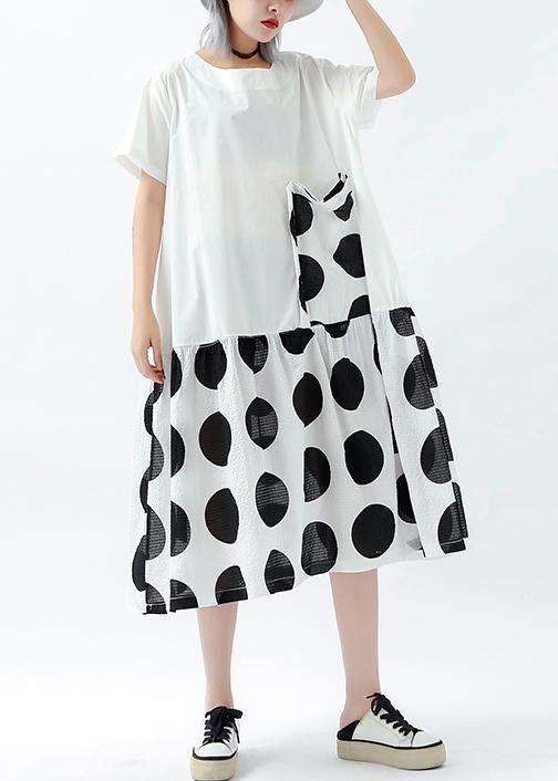 Handmade Patchwork Pockets Linen Cotton Dresses Photography White Dotted Dress Summer