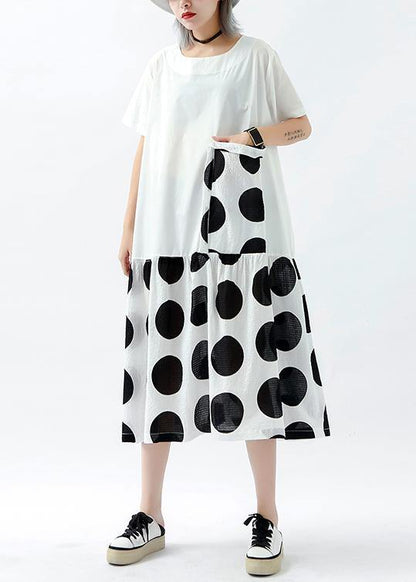 Handmade Patchwork Pockets Linen Cotton Dresses Photography White Dotted Dress Summer