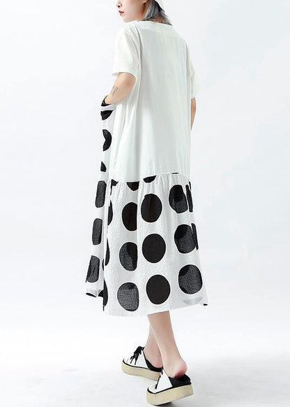 Handmade Patchwork Pockets Linen Cotton Dresses Photography White Dotted Dress Summer