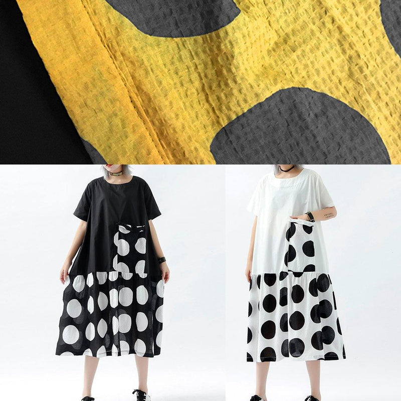 Handmade Patchwork Pockets Linen Cotton Dresses Photography White Dotted Dress Summer