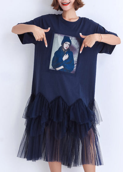Handmade Patchwork Tulle Cotton Clothes for Photography Dark Blue Midi Dress Summer