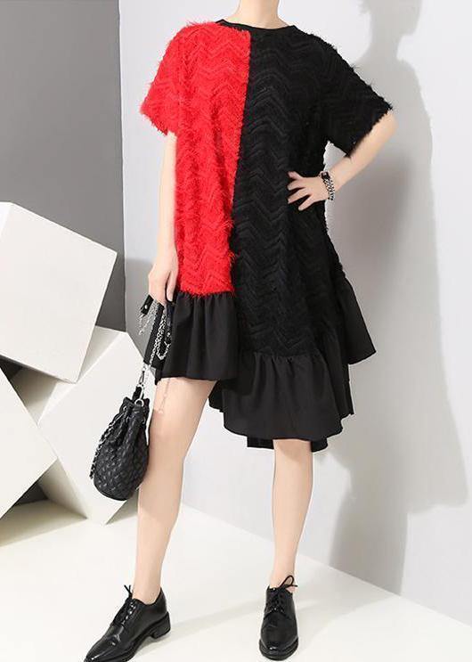 Handmade Pattern Fun Short Sleeve Asymmetrical Round Neck Dress