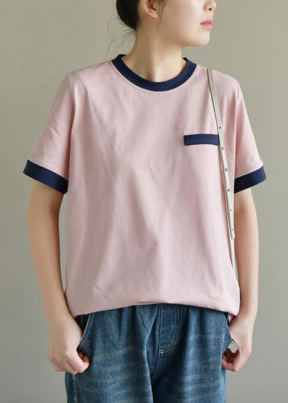 Handmade Pink Cotton Tunic Top O Neck Short Sleeve Summer Tops