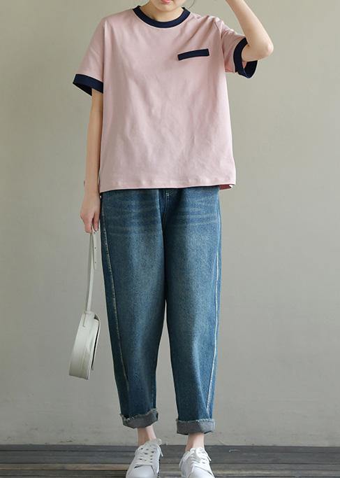 Handmade Pink Cotton Tunic Top O Neck Short Sleeve Summer Tops
