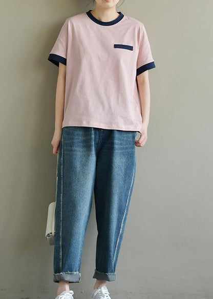 Handmade Pink Cotton Tunic Top O Neck Short Sleeve Summer Tops