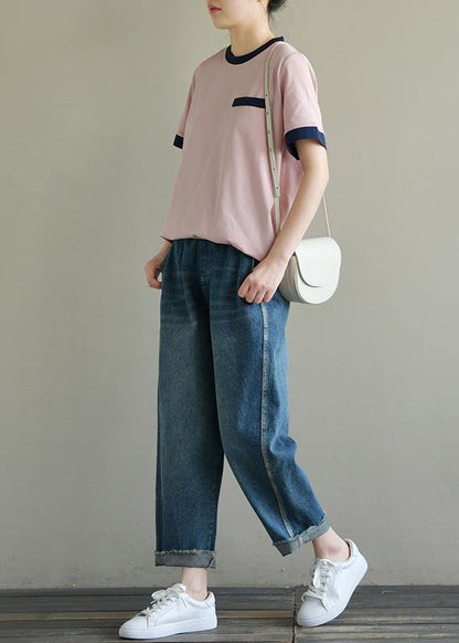 Handmade Pink Cotton Tunic Top O Neck Short Sleeve Summer Tops