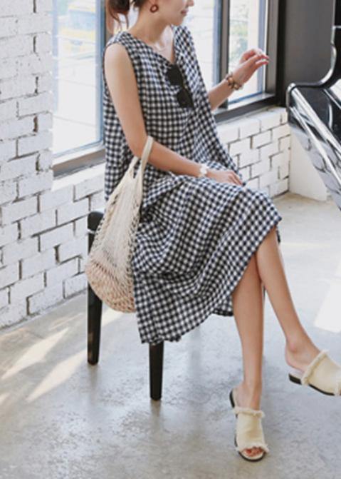 Handmade Plaid Linen Wardrobes Cinched O Neck Clothing Summer Dress