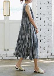 Handmade Plaid Linen Wardrobes Cinched O Neck Clothing Summer Dress