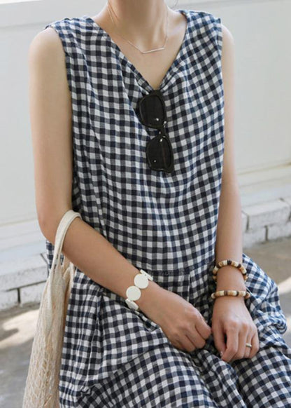 Handmade Plaid Linen Wardrobes Cinched O Neck Clothing Summer Dress