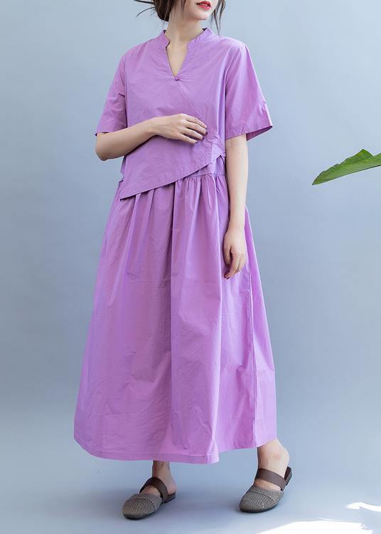 Handmade Purple Dress V Neck Patchwork Dress