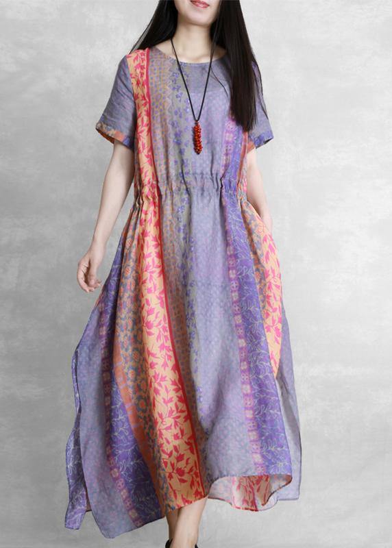 Handmade Purple Print Dress O Neck Drawstring Robe Dress