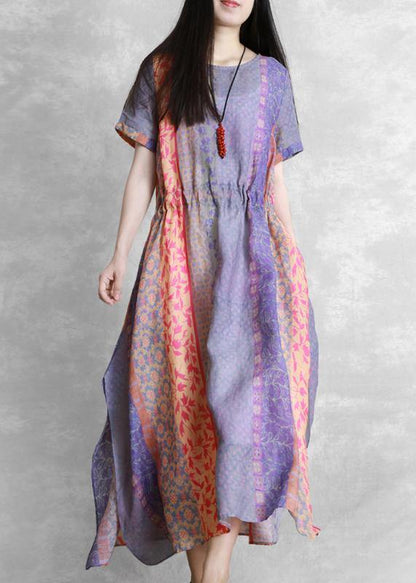 Handmade Purple Print Dress O Neck Drawstring Robe Dress