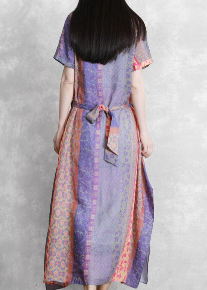 Handmade Purple Print Dress O Neck Drawstring Robe Dress