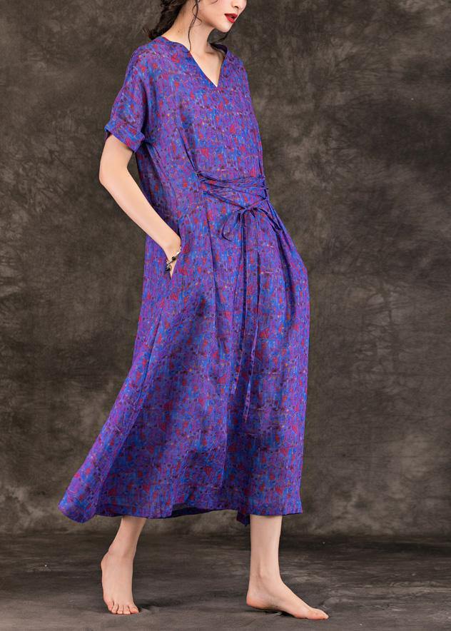 Handmade Purple Print Linen Clothes for V Neck Tie Waist Maxi Summer Dresses
