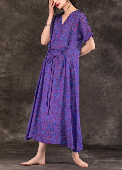 Handmade Purple Print Linen Clothes for V Neck Tie Waist Maxi Summer Dresses