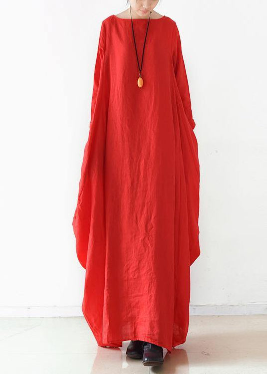 Handmade Red Dress O Neck Long Sleeve Robe Dresses