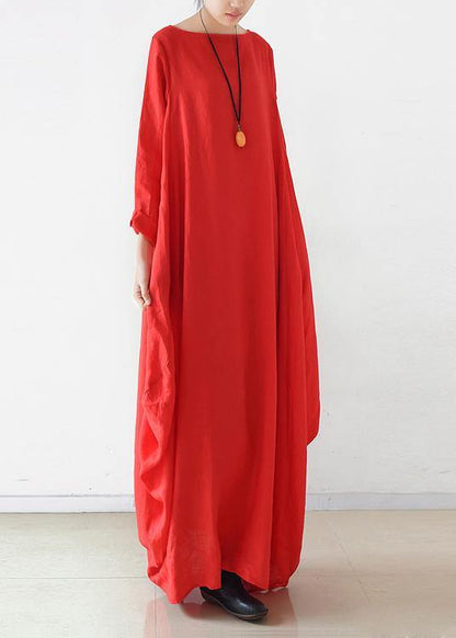 Handmade Red Dress O Neck Long Sleeve Robe Dresses
