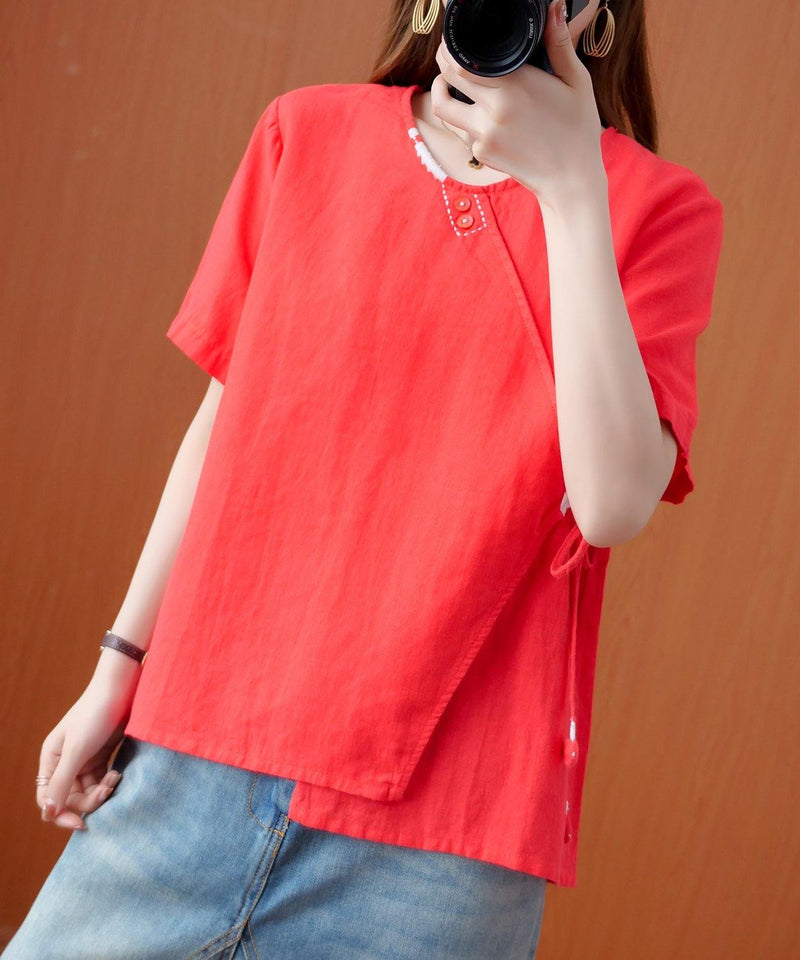 Handmade Red Embroidery Shirts V Neck Tie Waist Cotton Top