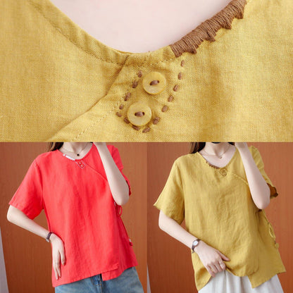 Handmade Red Embroidery Shirts V Neck Tie Waist Cotton Top