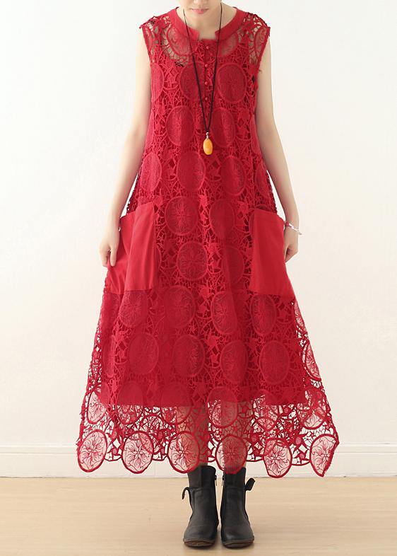 Handmade Red Hollow Out Cotton Tunics Big Pockets Summer Dresses