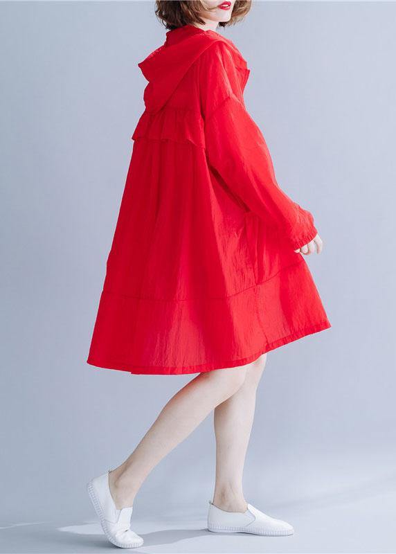 Handmade Red Hooded Cotton Long Shirts Ruffles Baggy Summer Top