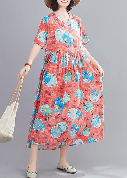 Handmade Red Print Tunics V Neck Cinched Robe Summer Dresses