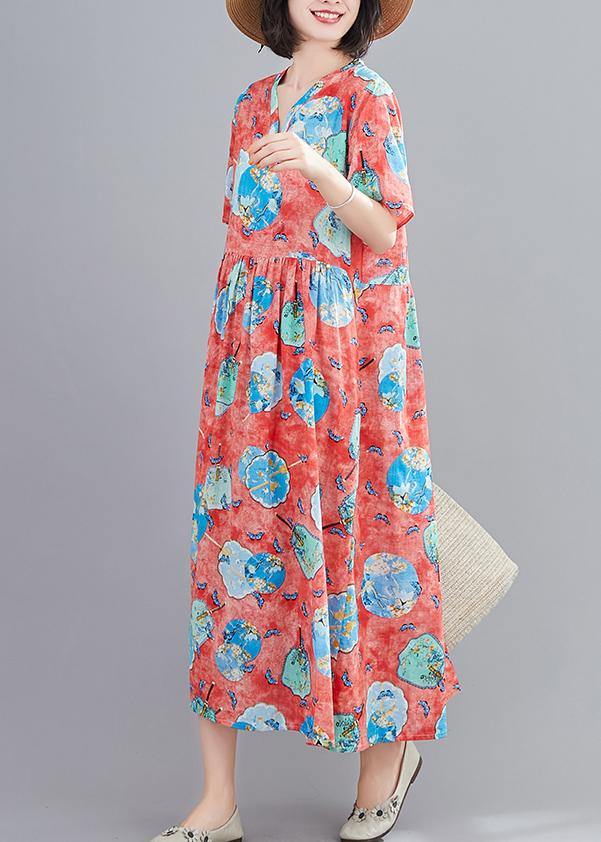 Handmade Red Print Tunics V Neck Cinched Robe Summer Dresses