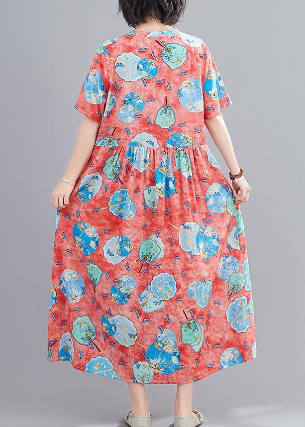 Handmade Red Print Tunics V Neck Cinched Robe Summer Dresses