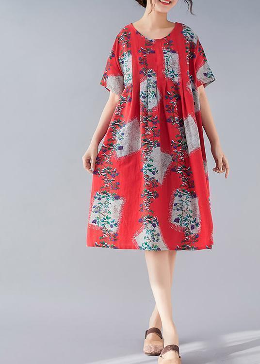 Handmade Red Print Linen Clothes Fine Tutorials O Neck Baggy Summer Dresses