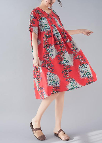 Handmade Red Print Linen Clothes Fine Tutorials O Neck Baggy Summer Dresses