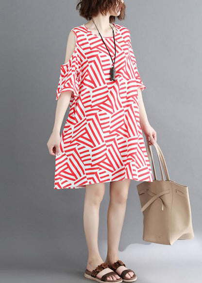 Handmade Red Striped Cotton Clothes Omychic Off the Shoulder Daily Summer Dress