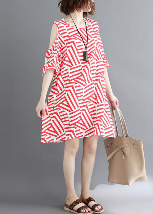 Handmade Red Striped Cotton Clothes Omychic Off the Shoulder Daily Summer Dress