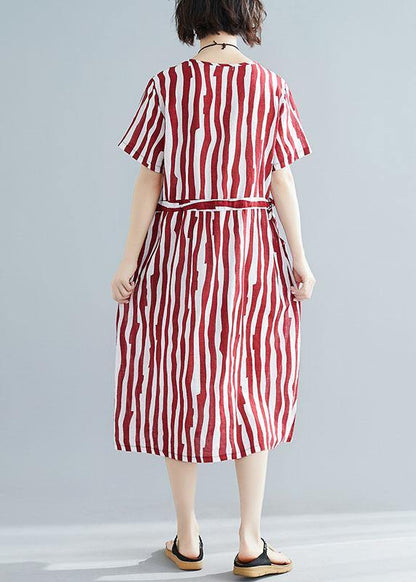 Handmade Red Striped Clothes O Neck Drawstring Art Summer Dress
